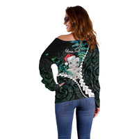 New Zealand Personalised Off Shoulder Sweater Meri Kirihimete Kowhaiwhai Mix Paua Shell - Emerald