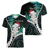 New Zealand Personalised Women V-Neck T-Shirt Meri Kirihimete Kowhaiwhai Mix Paua Shell - Emerald