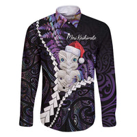New Zealand Personalised Family Matching Tank Maxi Dress and Hawaiian Shirt Meri Kirihimete Kowhaiwhai Mix Paua Shell - Amethys LT7 Dad's Shirt - Long Sleeve Purple - Polynesian Pride