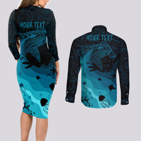 Polynesian Shark Couples Matching Long Sleeve Bodycon Dress and Long Sleeve Button Shirt Under The Waves LT7 - Polynesian Pride