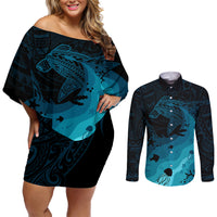 Polynesian Shark Couples Matching Off Shoulder Short Dress and Long Sleeve Button Shirt Under The Waves LT7 Dark Blue - Polynesian Pride
