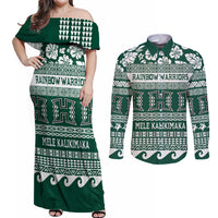 Hawaii Rainbow Warriors Christmas Couples Matching Off Shoulder Maxi Dress and Long Sleeve Button Shirt Kakau Motifs LT7 Green - Polynesian Pride