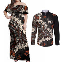Bula Fiji Women's Day Couples Matching Off Shoulder Maxi Dress and Long Sleeve Button Shirt Classic Masi Tapa
