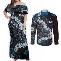 Bula Fiji Women's Day Couples Matching Off Shoulder Maxi Dress and Long Sleeve Button Shirt Indigo Masi Tapa