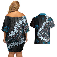 Bula Fiji Women's Day Couples Matching Off Shoulder Short Dress and Hawaiian Shirt Indigo Masi Tapa