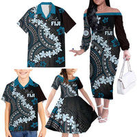 Bula Fiji Women's Day Family Matching Off The Shoulder Long Sleeve Dress and Hawaiian Shirt Indigo Masi Tapa