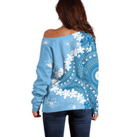 Bula Fiji Women's Day Off Shoulder Sweater Turquoise Masi Tapa