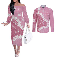 Bula Fiji Women's Day Couples Matching Off The Shoulder Long Sleeve Dress and Long Sleeve Button Shirt Pink Masi Tapa