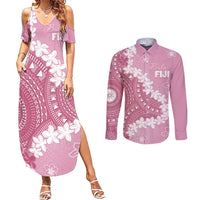 Bula Fiji Women's Day Couples Matching Summer Maxi Dress and Long Sleeve Button Shirt Pink Masi Tapa