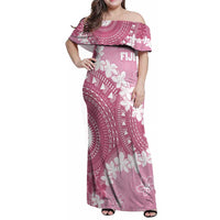 Bula Fiji Women's Day Family Matching Off Shoulder Maxi Dress and Hawaiian Shirt Pink Masi Tapa