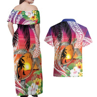 Polynesian Dreamy Turtle Couples Matching Off Shoulder Maxi Dress and Hawaiian Shirt Sunset Scenery