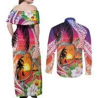 Polynesian Dreamy Turtle Couples Matching Off Shoulder Maxi Dress and Long Sleeve Button Shirt Sunset Scenery LT7 - Polynesian Pride