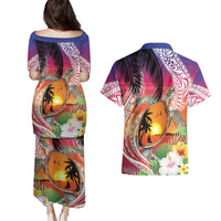 Polynesian Dreamy Turtle Couples Matching Puletasi and Hawaiian Shirt Sunset Scenery