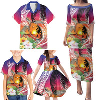 Polynesian Dreamy Turtle Family Matching Puletasi and Hawaiian Shirt Sunset Scenery