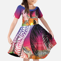 Polynesian Dreamy Turtle Family Matching Short Sleeve Bodycon Dress and Hawaiian Shirt Sunset Scenery LT7 Daughter's Dress Art - Polynesian Pride