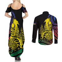 New Caledonia Kanaky Couples Matching Summer Maxi Dress and Long Sleeve Button Shirt Stylized Fleche Faitiere With Kagu Bird