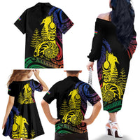 New Caledonia Kanaky Family Matching Off The Shoulder Long Sleeve Dress and Hawaiian Shirt Stylized Fleche Faitiere With Kagu Bird