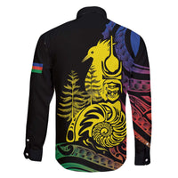 New Caledonia Kanaky Family Matching Off The Shoulder Long Sleeve Dress and Hawaiian Shirt Stylized Fleche Faitiere With Kagu Bird