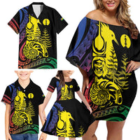 New Caledonia Kanaky Family Matching Off Shoulder Short Dress and Hawaiian Shirt Stylized Fleche Faitiere With Kagu Bird