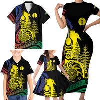 New Caledonia Kanaky Family Matching Short Sleeve Bodycon Dress and Hawaiian Shirt Stylized Fleche Faitiere With Kagu Bird