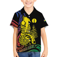 New Caledonia Kanaky Family Matching Short Sleeve Bodycon Dress and Hawaiian Shirt Stylized Fleche Faitiere With Kagu Bird