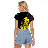New Caledonia Kanaky Raglan Cropped T Shirt Stylized Fleche Faitiere With Kagu Bird