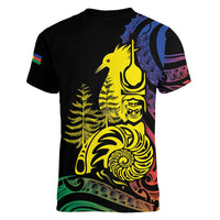 New Caledonia Kanaky Women V-Neck T-Shirt Stylized Fleche Faitiere With Kagu Bird