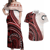 Bula Fiji Vintage Tapa Couples Matching Off Shoulder Maxi Dress and Hawaiian Shirt Kaivity Masi Wave Motifs - Red