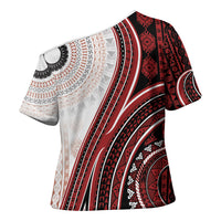 Bula Fiji Vintage Tapa Cross Shoulder Shirt Kaivity Masi Wave Motifs - Red LT7 - Polynesian Pride