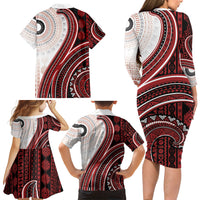 Bula Fiji Vintage Tapa Family Matching Long Sleeve Bodycon Dress and Hawaiian Shirt Kaivity Masi Wave Motifs - Red