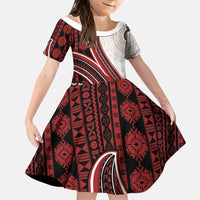 Bula Fiji Vintage Tapa Family Matching Off The Shoulder Long Sleeve Dress and Hawaiian Shirt Kaivity Masi Wave Motifs - Red