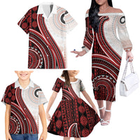 Bula Fiji Vintage Tapa Family Matching Off The Shoulder Long Sleeve Dress and Hawaiian Shirt Kaivity Masi Wave Motifs - Red