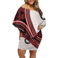 Bula Fiji Vintage Tapa Family Matching Off Shoulder Short Dress and Hawaiian Shirt Kaivity Masi Wave Motifs - Red