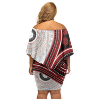 Bula Fiji Vintage Tapa Family Matching Off Shoulder Short Dress and Hawaiian Shirt Kaivity Masi Wave Motifs - Red