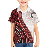 Bula Fiji Vintage Tapa Family Matching Off Shoulder Short Dress and Hawaiian Shirt Kaivity Masi Wave Motifs - Red