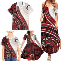 Bula Fiji Vintage Tapa Family Matching Summer Maxi Dress and Hawaiian Shirt Kaivity Masi Wave Motifs - Red
