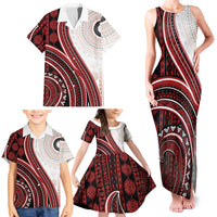 Bula Fiji Vintage Tapa Family Matching Tank Maxi Dress and Hawaiian Shirt Kaivity Masi Wave Motifs - Red