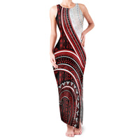 Bula Fiji Vintage Tapa Family Matching Tank Maxi Dress and Hawaiian Shirt Kaivity Masi Wave Motifs - Red
