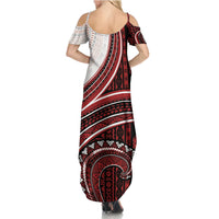 Bula Fiji Vintage Tapa Summer Maxi Dress Kaivity Masi Wave Motifs - Red LT7 - Polynesian Pride
