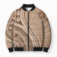 Bula Fiji Vintage Tapa Bomber Puffer Jacket Kaivity Masi Wave Motifs - Mocha LT7 Unisex Beige - Polynesian Pride