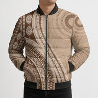 Bula Fiji Vintage Tapa Bomber Puffer Jacket Kaivity Masi Wave Motifs - Mocha LT7 - Polynesian Pride