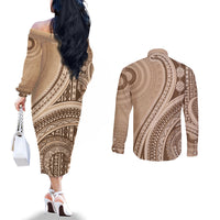 Bula Fiji Vintage Tapa Couples Matching Off The Shoulder Long Sleeve Dress and Long Sleeve Button Shirt Kaivity Masi Wave Motifs - Mocha