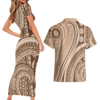 Bula Fiji Vintage Tapa Couples Matching Short Sleeve Bodycon Dress and Hawaiian Shirt Kaivity Masi Wave Motifs - Mocha