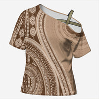 Bula Fiji Vintage Tapa Cross Shoulder Shirt Kaivity Masi Wave Motifs - Mocha LT7 Female Beige - Polynesian Pride