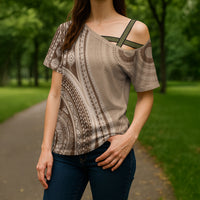 Bula Fiji Vintage Tapa Cross Shoulder Shirt Kaivity Masi Wave Motifs - Mocha LT7 - Polynesian Pride