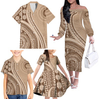 Bula Fiji Vintage Tapa Family Matching Off The Shoulder Long Sleeve Dress and Hawaiian Shirt Kaivity Masi Wave Motifs - Mocha