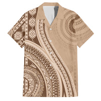 Bula Fiji Vintage Tapa Family Matching Off The Shoulder Long Sleeve Dress and Hawaiian Shirt Kaivity Masi Wave Motifs - Mocha
