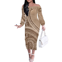 Bula Fiji Vintage Tapa Family Matching Off The Shoulder Long Sleeve Dress and Hawaiian Shirt Kaivity Masi Wave Motifs - Mocha