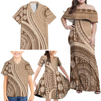 Bula Fiji Vintage Tapa Family Matching Off Shoulder Maxi Dress and Hawaiian Shirt Kaivity Masi Wave Motifs - Mocha