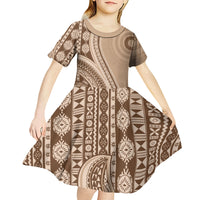 Bula Fiji Vintage Tapa Kid Short Sleeve Dress Kaivity Masi Wave Motifs - Mocha